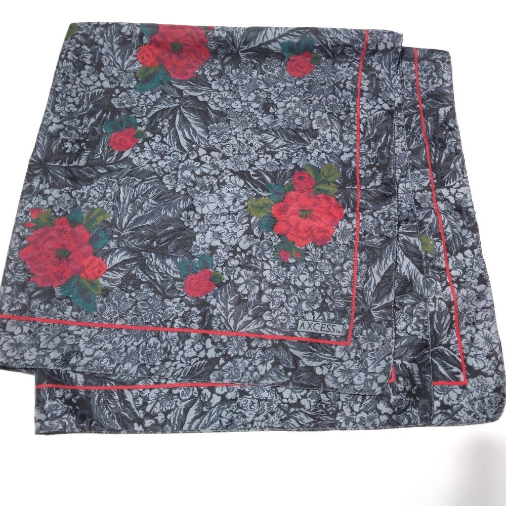 Axcess Liz Claiborne Rose Scarf Satin Polyester Gray Contrast Floral